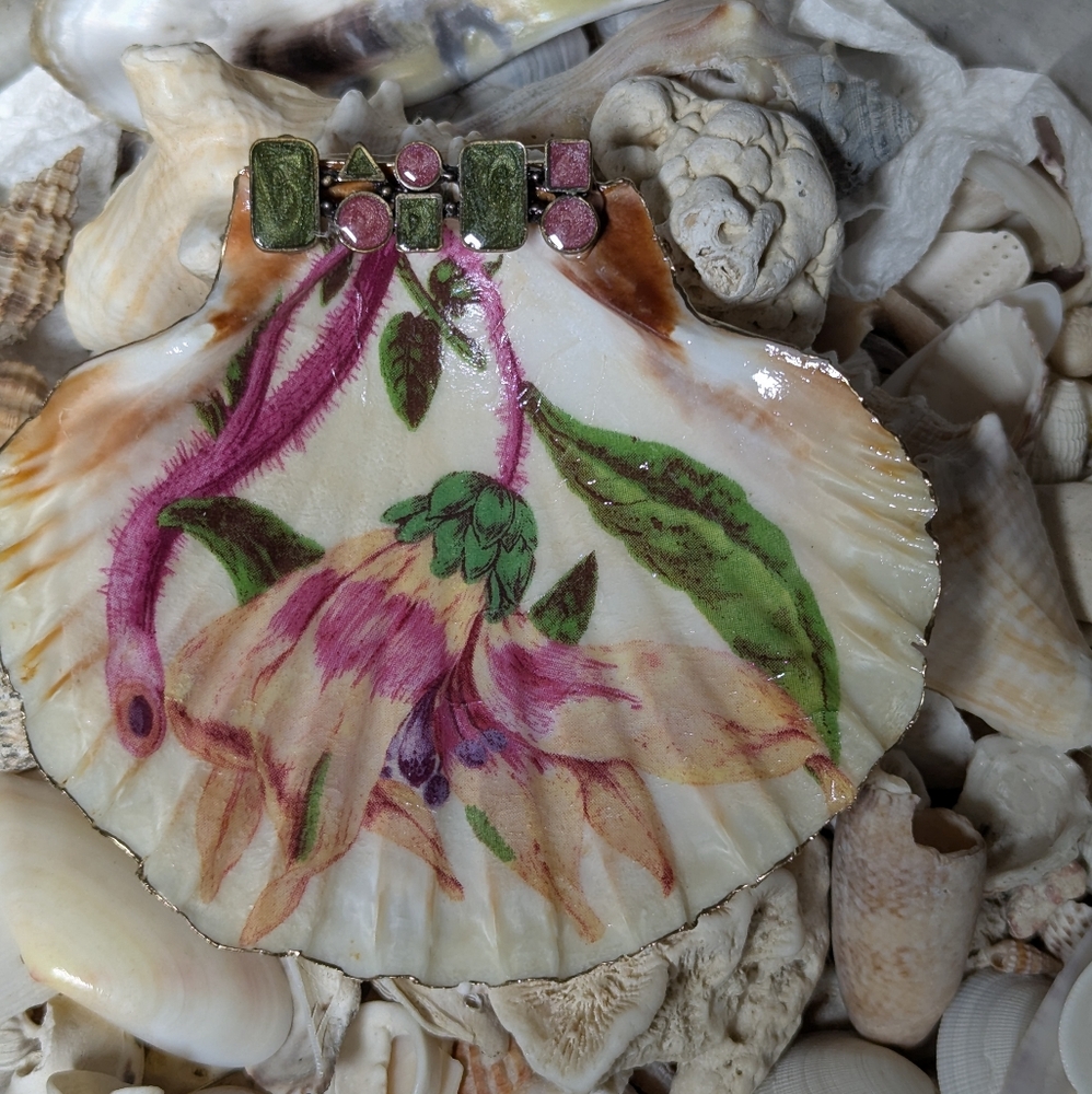 Handmade Decoupaged Large Shell Original Art Floral Design Trinket Dish Decor